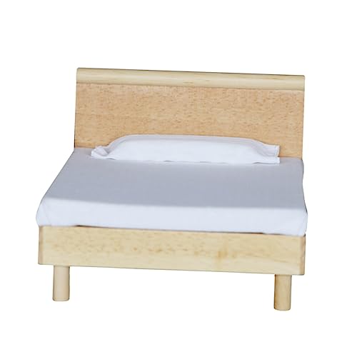 FELTECHELECTR Mini Doppelbett Aus Eiche Mit Kissen Miniatur Zubehör Für Puppenhaus Modernes Design Holzoptik Ideal Für Kinderzimmer Und Kreative Szenarien von FELTECHELECTR