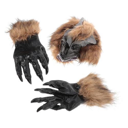 FELTECHELECTR Wolfsmaske Und Krallenhandschuhe Set Für Halloween Werwolf Cosplay Kostü Anzieh Requisiten Für Gruselpartys Geeignet Für Erwachsene Und Kinder Realistische Tiermaske Und von FELTECHELECTR