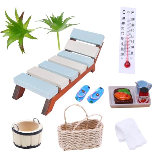 FENGQ Miniatur Deko Sauna Zubehör, 13 Stück Wellness Deko Zubehör, Mini Saunazubehör, mit Miniatur Lebensmittel, Mini Strandkorb Korb Hausschuhe Eimer Badetuch, für DIY Dekoration von FENGQ