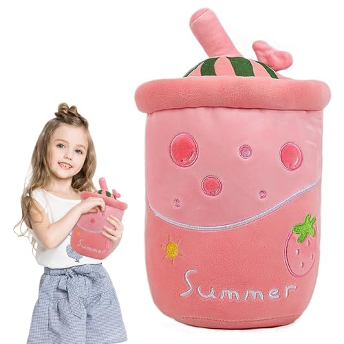 FENGQ Bubble Tea Plüschtier, 25CM Bubble Tea Kuscheltier, Kawaii Obst PlüschKissen Boba Teetasse Plüsch Bubble Pearl Milk Tea Kuschelkissen Kinderspielzeug für Kinder Erwachsene (Rosa) von FENGQ