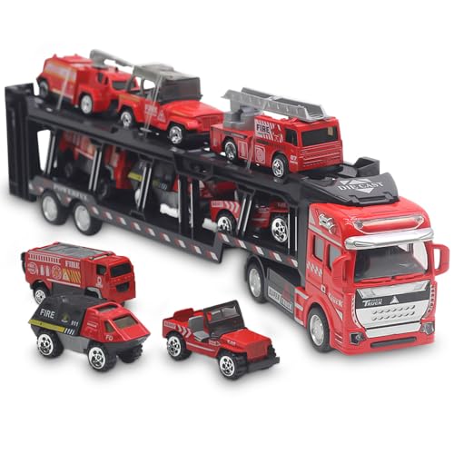 FENGQ Bagger Autotransporter Spielzeug, 7 in1 Autotransporter Spielzeug, 6PCS Mini Baustellenfahrzeuge,Kinder LKW Spielzeug,Baustelle Bagger Spielzeug ab 3 Jahre Junge,Weihnachten Kinderspielzeug(Rot) von FENGQ