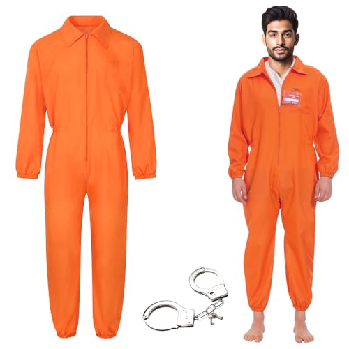 FENGQ Gefängnis Kostüm Orange, Häftling Kostüm Herren Damen, Sträfling Gefangene Kostüm, Halloween Prisoner Overall Kostüm mit Handschellen, Gefangener Kostüm für Halloween Karneval Costume von FENGQ