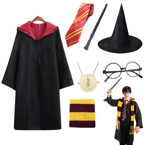 FENGQ Magier Robe, 7 Teiliges Zauberer Kostüm Erwachsene, Cosplay Kostüm mit Cape, Magic Wand, Glasses, Scarf, Tie, Magier Uniform, Kostüme für Erwachsene Halloween Karneval Fasching Party von FENGQ