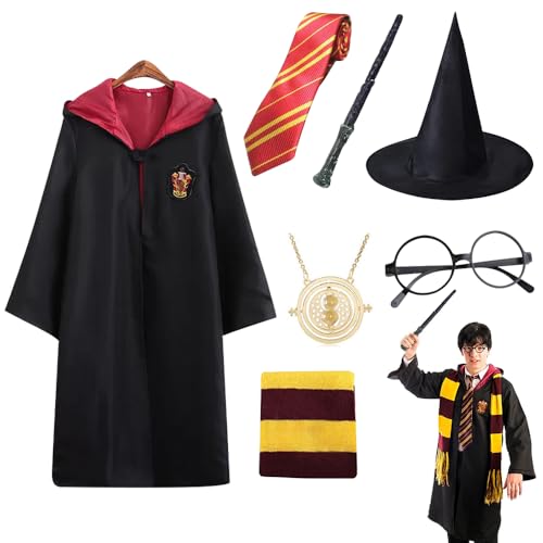 FENGQ Magier Robe, 7 Teiliges Zauberer Kostüm Erwachsene, Cosplay Kostüm mit Cape, Magic Wand, Glasses, Scarf, Tie, Magier Uniform, Kostüme für Erwachsene Halloween Karneval Fasching Party von FENGQ