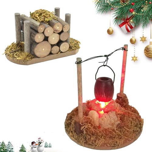 FENGQ Miniatur Wichtel Zubehör, Mini Lagerfeuer Wichtelzubehör Puppenhaus Zubehör Weihnachten Kessel Brennholz Feuerstelle Weihnachten Lagerfeuer 1/12 DIY Deko Geschenk für Puppenhaus von FENGQ