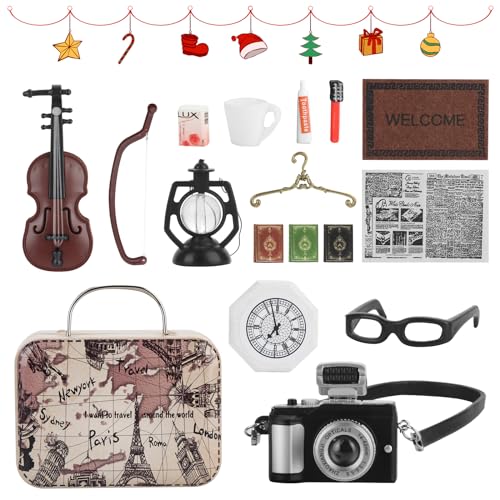 FENGQ Miniatur Zubehör, 16pcs Wichtel Zubehör Weihnachten Set, Miniatur Möbel Puppenhaus Vintage Koffer Kamera Zahnpasta Zahnbürste Bücher Brille Zeitung Violine DIY Deko Geschenk für Puppenhaus von FENGQ