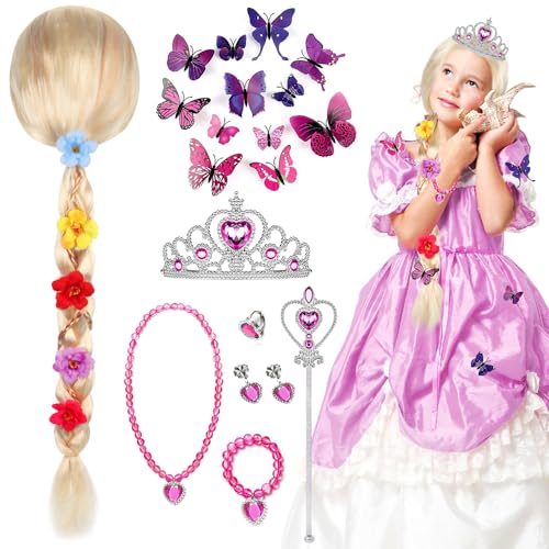 FENGQ Rapunzel Perücke, Kinderperücke Blond Rapunzel, Rapunzel Prinzessin Perücke Zopf, Rapunzel Kostüm-Perücke mit Schmetterling Krone Schmuck für Mädchen, Cosplay Perücke, Kostüm Zubehör Karneval von FENGQ