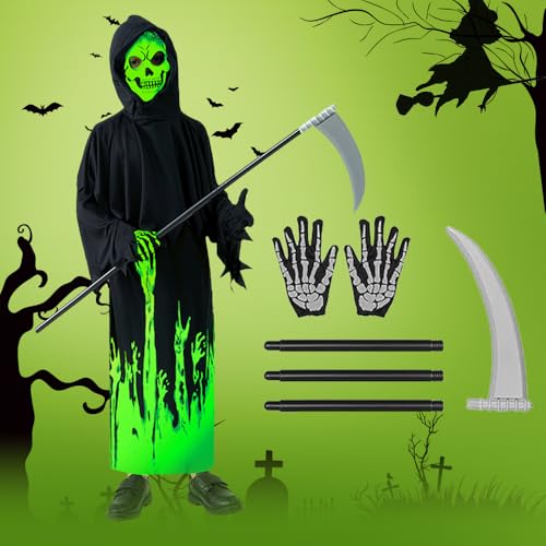 FENGQ Sensenmann Kostüm Kinder, Grim Reaper Halloween Kostüme Set, Leuchtenden Skelett Gruselig Scream Reaper Kostüm mit Sense Handschuhen für Jungen Mädchen Rollenspiele, Horror Party, Karneval von FENGQ