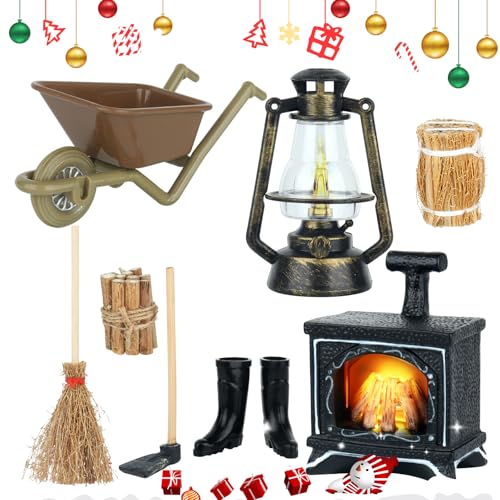 FENGQ Wichtel Zubehör Set, Miniatur Zubehör Weihnachten Puppenhaus Zubehör Vintage Glühender Kamin Kerosinlampe Hacke Heuhaufen Brennholz Gummistiefel 1/12 DIY Deko Se Geschenk für Puppenhaus von FENGQ