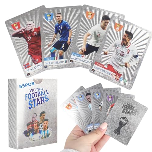 FENGQ World Cup Fußball Star Karte, 55 Stück Fussball Karten, UEFA Champions League Fußballkarten, Fußball Sammelkarte, Kinder zum Sammeln von Karten Für Fans Kinder Teenager Erwachsene - Silber von FENGQ