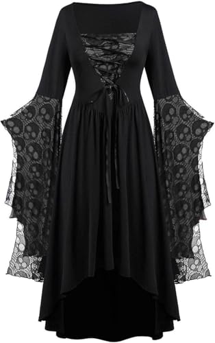 FENXIXIONE Halloween Hexe Kleider für Frauen Gothic Langärmelig Maxikleid für mittelalterliche Cosplay Halloween Party Kostüme (Grau,4XL) von FENXIXIONE