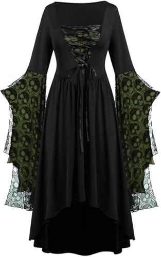 FENXIXIONE Halloween Hexe Kleider für Frauen Gothic Langärmelig Maxikleid für mittelalterliche Cosplay Halloween Party Kostüme (Grün,3XL) von FENXIXIONE