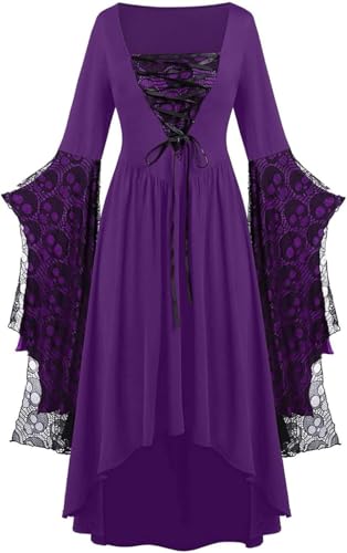 FENXIXIONE Halloween Hexe Kleider für Frauen Gothic Langärmelig Maxikleid für mittelalterliche Cosplay Halloween Party Kostüme (Hellviolett,3XL) von FENXIXIONE