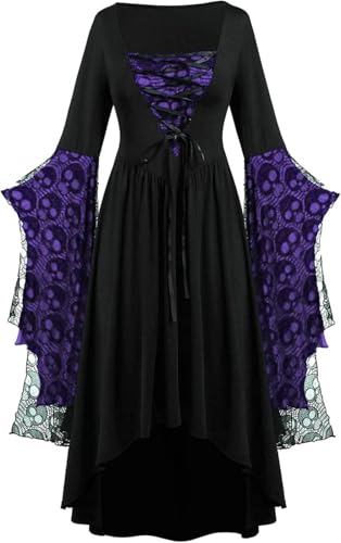 FENXIXIONE Halloween Hexe Kleider für Frauen Gothic Langärmelig Maxikleid für mittelalterliche Cosplay Halloween Party Kostüme (Lila,3XL) von FENXIXIONE