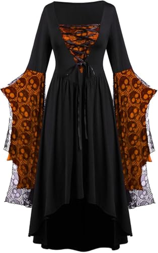 FENXIXIONE Halloween Hexe Kleider für Frauen Gothic Langärmelig Maxikleid für mittelalterliche Cosplay Halloween Party Kostüme (Orange,3XL) von FENXIXIONE