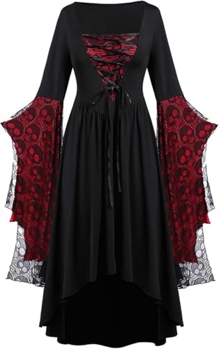 FENXIXIONE Halloween Hexe Kleider für Frauen Gothic Langärmelig Maxikleid für mittelalterliche Cosplay Halloween Party Kostüme (Rot,3XL) von FENXIXIONE