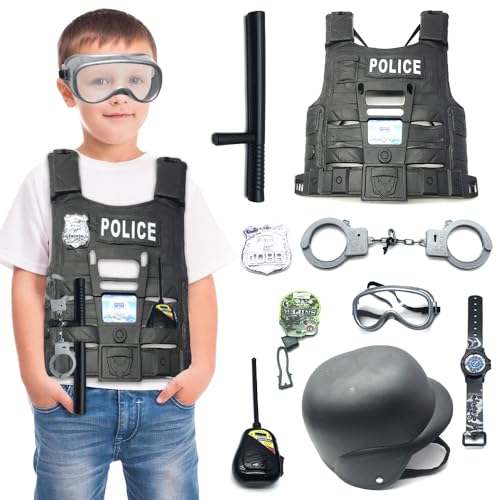 FENYW Costume Polizei Kostüm Kinder, 8PCS Polizei Offizier Kleid Set, Polizei Ausrüstung, Polizei Offizier Kleid Set, Handschellen Kinder mit Hut, Abzeichen für Halloween Cosplay Karneval Mottoparty von FENYW