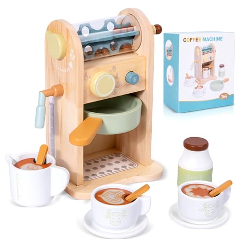 FENYW Holz Kaffeemaschine Kinder, 14 Stück Kinderküche Kaffeemaschine Spielset, Kinderküche Zubehör Holz mit Mühle, Kaffeemaschine spielküche Spielzeug Set Geschenk für Mädchen und Jungen ab 3 Jahre von FENYW