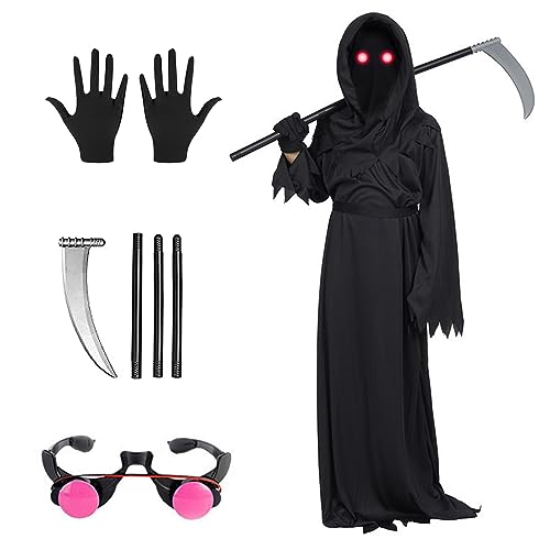 FENYW Kinder Sensenmann Kostüm, Halloween Kostüm Kinder mit Sicheln, Handschuhe, Leuchtende Gläser, Tod Kostüm, Halloween Sensenmann Cosplay Set für Cosplay Halloween Dekoration Karneval Mottoparty(M) von FENYW