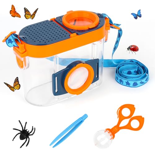 FENYW Lupe Insekten Sammelbox, Insekten Beobachtungsbox, Kinder Insekten Dose, Becherlupe Set, 4.5X Lupendose mit Riemen Insektenklammern Pinzette für Kinder Outdoor Natur Erkundung Abenteuer von FENYW