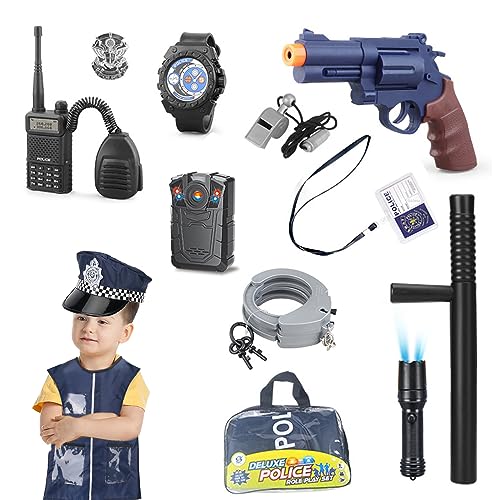 FENYW Polizei Kostüm Kinder, 13pcs Polizei Ausrüstung, Kostüm Polizei Set mit Polizeimütze Polizei Weste Polizei Handschellen Walkie Talkie Pistole, Halloween Kostüm Kinder für Karneval Party von FENYW