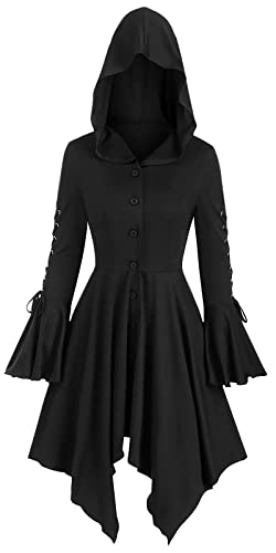 Damen Halloween Kleid Hoodie Mittelalter Cosplay Kleider Steampunk Renaissance Kapuzenkleid Robe Einstecktuch Saum Asymmetrische Midikleider mit Hut von FEOYA