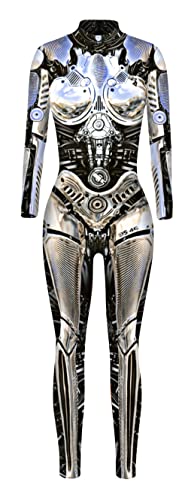 Damen Halloween Kostüme Jumpsuits Digital Gedruckt Skinny Catsuit Gold Roboter Jumpsuit Klein von FEOYA