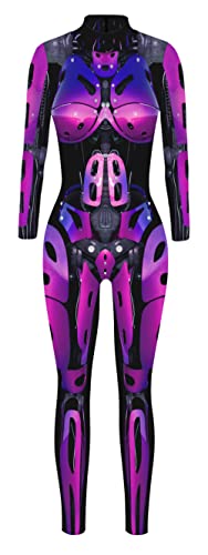 Damen Langarm Rollkragen 3D Skelett gedruckt Overall Cosplay Halloween Kostüm lila Roboter Jumpsuit klein von FEOYA