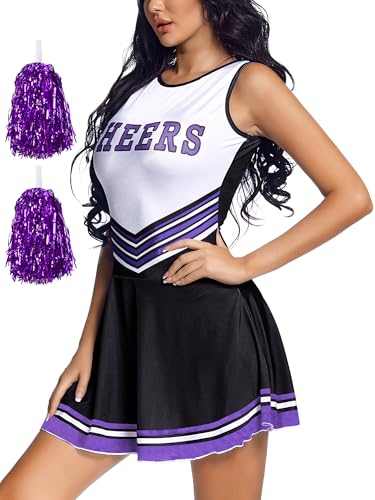 FEOYA Cheerleader-Kostüm für Damen, Schule, Musik, Party, Uniform, Fußball, Babe, Rock mit Socken, Pompons, Halloween-Kleid, Schwarz, Large FEOYA Cheerleader-Kostüm für Damen, Schule, Musik, Party, Uniform, Fußball, Babe, Rock mit Socken, Pompons, Halloween-Kleid, Schwarz, Large von FEOYA