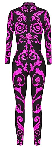 FEOYA Halloween-Body für Damen, Skelett-Body, 3D-Druck, Overall, Kostüm, langärmelig, Cosplay, Catsuit, Rosy-2, L von FEOYA