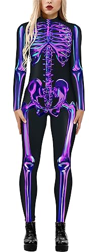 FEOYA Halloween Kostüm Damen Skelett Cosplay Catsuit Overall Knochen Anzug Karneval - L von FEOYA