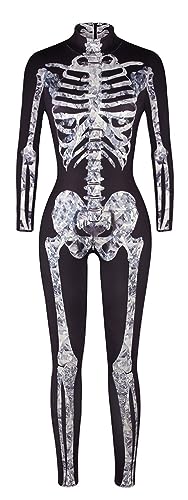 FEOYA Halloween Kostüm Damen Skelett Cosplay Catsuit Overall Knochen Anzug Karneval - L von FEOYA