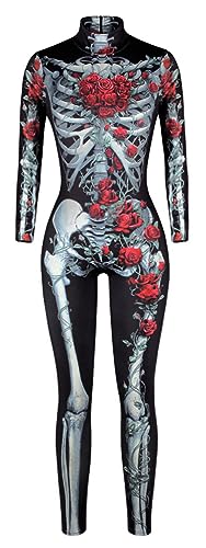 FEOYA Halloween Kostüm Damen Skelett Cosplay Catsuit Overall Knochen Anzug Karneval - L von FEOYA