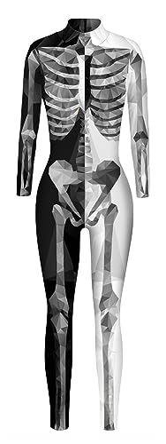 FEOYA Halloween Kostüm Damen Skelett Overall 3D Print Langarm Skinny Skeleton Catsuit Cosplay - S von FEOYA