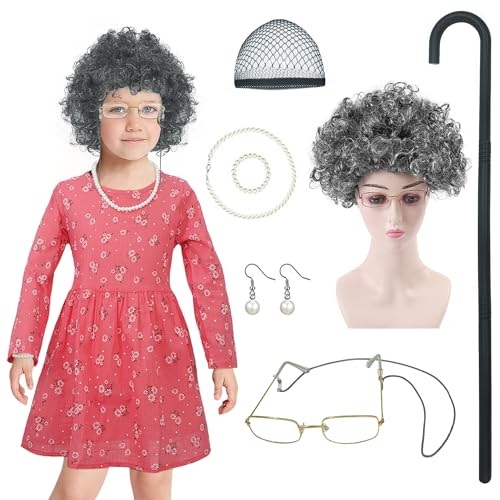 FEOYA Mädchen Oma Kostüm Old Lady Perücke Set Großmutter 8 Stück Cosplay Zubehör Set Karneval Halloween Oma Perücke Perücke Kappe Brille Brillenketten Perlenkette Ohrringe Krücke 5-6 Jahre von FEOYA