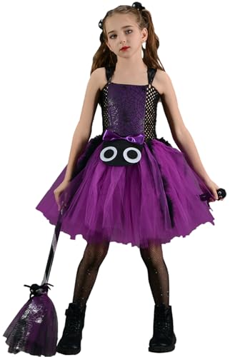 FEOYA Mädchen Tutu Hexenkleid Spinne Niedliche Ärmellos Kleid Verstellbare Schultergurte Outfits Kinderferien Rollenspiel Party Kleidung 3tlg mit Haarspange und Hexenbesen Tüllkleid 4-5 Jahre von FEOYA