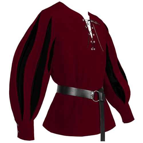 FEOYA Mittelalterliche Hemden mit Gürtel Renaissance Viktorianisch Wikinger Oberteile Vintage Vampir Shirt Steampunk Gothic Kostüm Rot + Schwarz L von FEOYA