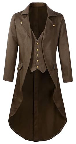 FEOYA Mittelalterlicher Gothic Frack für Herren Renaissance Steampunk Jacke Halloween Kostüme Vintage Smoking, Helles Braun, XL von FEOYA