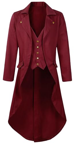 FEOYA Mittelalterlicher Gothic Frack für Herren Renaissance Steampunk Jacke Halloween Kostüme Vintage Smoking, Rot/Ausflug, einfarbig (Getaway Solids), 3XL von FEOYA