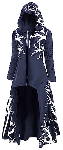 FEOYA Renaissance-Umhang mit Kapuze für Damen, halber Cardigan, Kapuzenpullover, langer Mantel, Gothic-Stil, schulterfrei, hoher niedriger Saum, Cape-Jacke, Marineblau, L von FEOYA