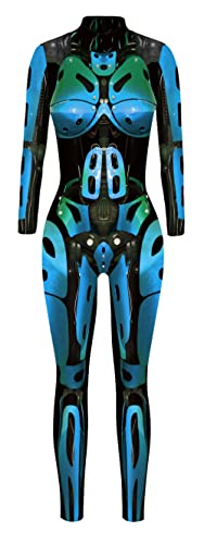 Halloween Kostüm für Frauen Skelett Cosplay Body Langarm Skinny Catsuit Overall Blau Roboter Jumpsuit Klein von FEOYA