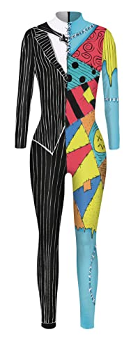 Halloween Skelett Kostüm Jumpsuit mit Vorder- und Rückseite Skelett Knochen Print für Frauen Gentleman und Beggar Jumpsuit Groß von FEOYA