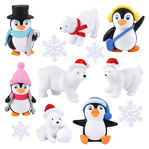 FEPITO 12 Stücke Winter Harz Pinguin Eisbär Schneeflocken Miniatur Figur Spielzeug Mini Weihnachten Figuren für DIY Garten Wohnkultur Weihnachtsschmuck von FEPITO