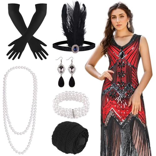 FEPITO Flapper-Kleider im Stil der 1920er Jahre für Damen, mit Fransen und Pailletten besetztes Great Gatsby-Kleid für Damen mit Accessoires im Stil der 20er Jahre(Red（style 4）,Medium) von FEPITO