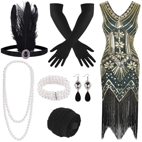 FEPITO Flapper-Kleider im Stil der 1920er Jahre für Damen, mit Fransen und Pailletten besetztes Great Gatsby-Kleid für Damen mit Accessoires im Stil der 20er Jahre, Kostüme der Roaring 20s von FEPITO