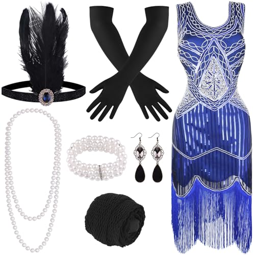 FEPITO Flapper-Kleider im Stil der 1920er Jahre für Damen, mit Fransen und Pailletten besetztes Great Gatsby-Kleid für Damen mit Accessoires im Stil der 20er Jahre（Blue，XLarge） von FEPITO