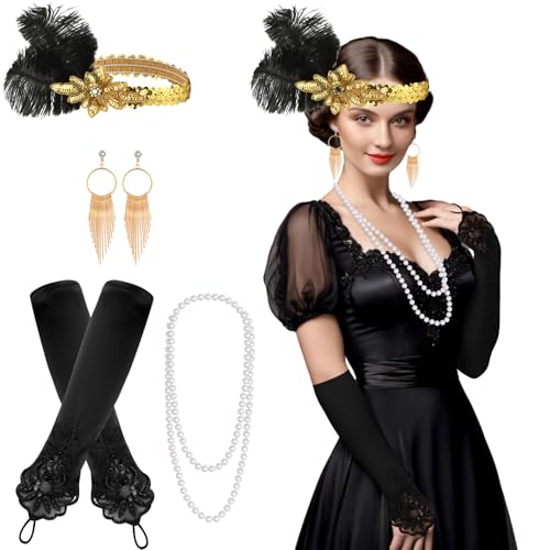 FEPITO 7 Stück 1920er Flapper Great Gatsby Accessoires Set Mode Roaring 20er Jahre Themenset mit Stirnband Kopfbedeckung Lange schwarze Handschuhe Halskette Ohrringe für Frauen (Set A) von FEPITO