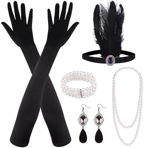 FEPITO 8 Stück 1920er Flapper Great Gatsby Accessoires Set Fashion Roaring 20er Themenset mit Stirnband Kopfschmuck Lange schwarze Handschuhe Halskette Ohrringe für Damen（Set B） von FEPITO