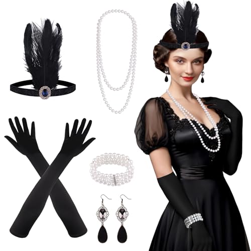 FEPITO 8 Stück 1920er Flapper Great Gatsby Accessoires Set Fashion Roaring 20er Themenset mit Stirnband Kopfschmuck Lange schwarze Handschuhe Halskette Ohrringe für Damen（Set B） von FEPITO