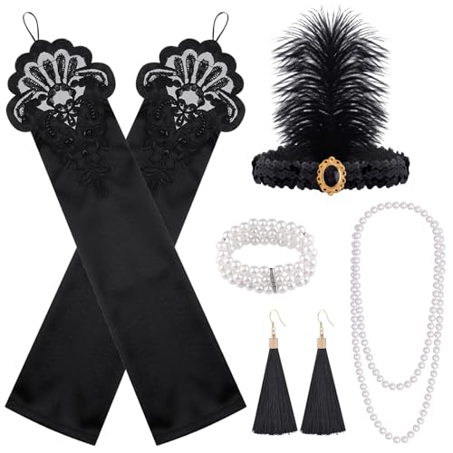 FEPITO 8 teilig 1920er Flapper Great Gatsby Accessoires Set Fashion Roaring 20's Theme Set mit Stirnband Kopfschmuck Lange schwarze Handschuhe Halskette Ohrringe für Damen（Set D） von FEPITO